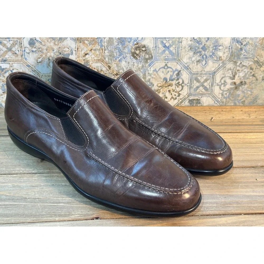 Santoni Loafers Leather Slip On Mens 9.5 Brown Good - Picture 5 of 9